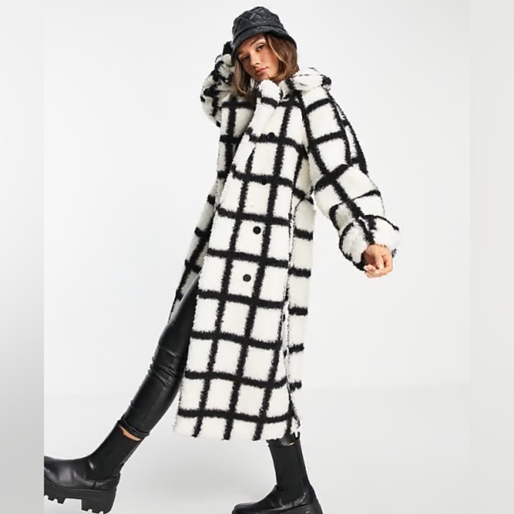 Topshop mono check longline teddy coat